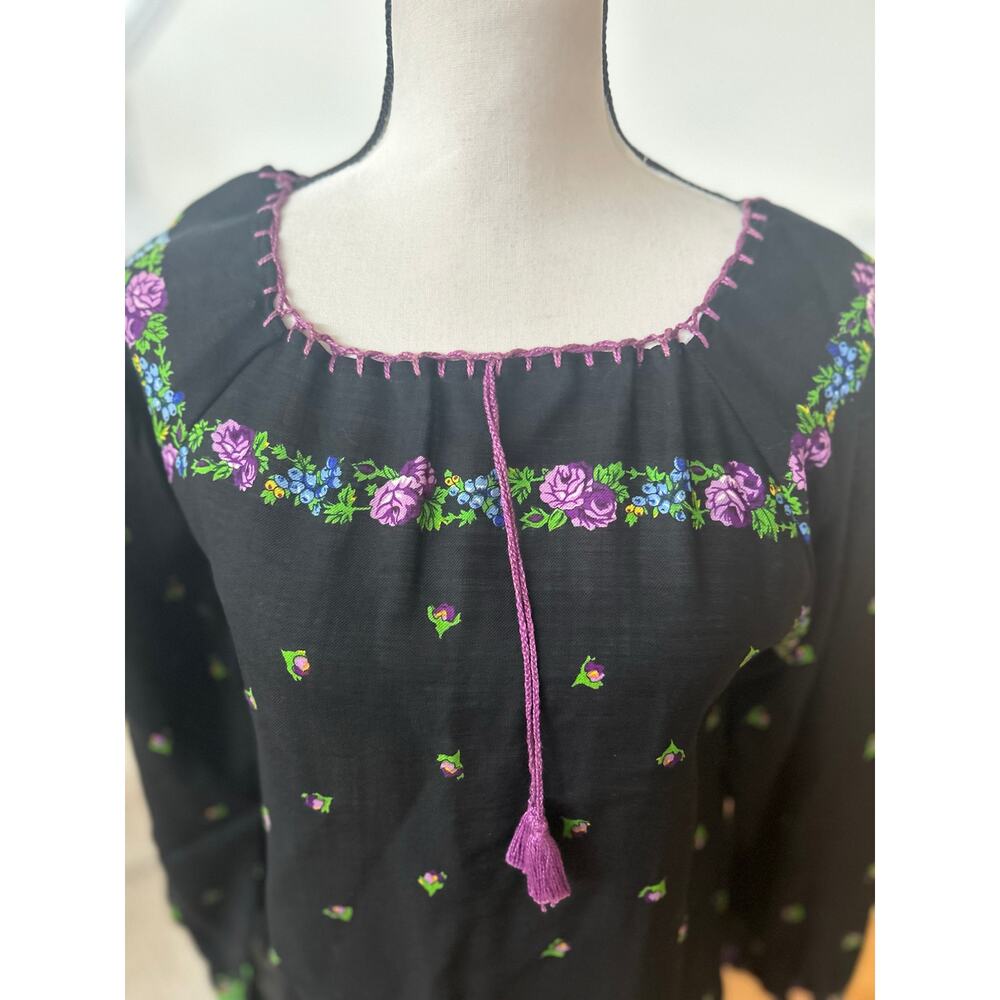 Vintage 60s 70s Lord & Taylor Black Blouson Purple Floral Mini Dress Cottage - Picture 4 of 6